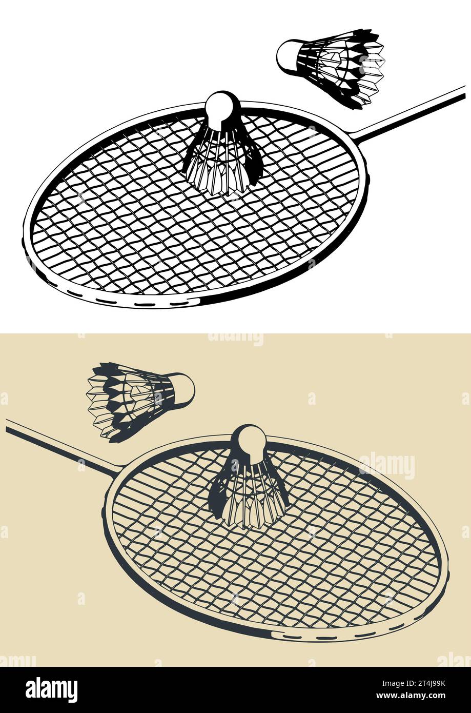 Illustrazioni vettoriali stilizzate di racchette e rubinetti per giocare a badminton da vicino Illustrazione Vettoriale