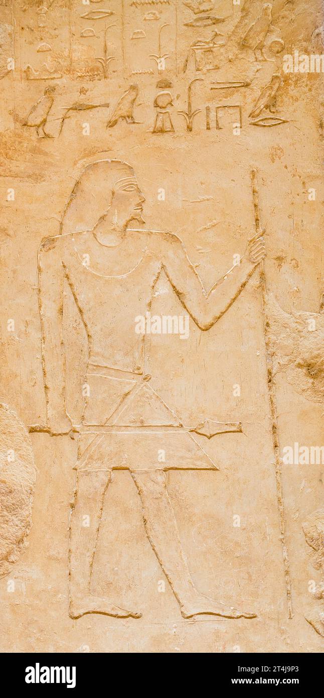 Egitto, Saqqara, tomba di Mehu, corte, Mehu su una colonna. Foto Stock