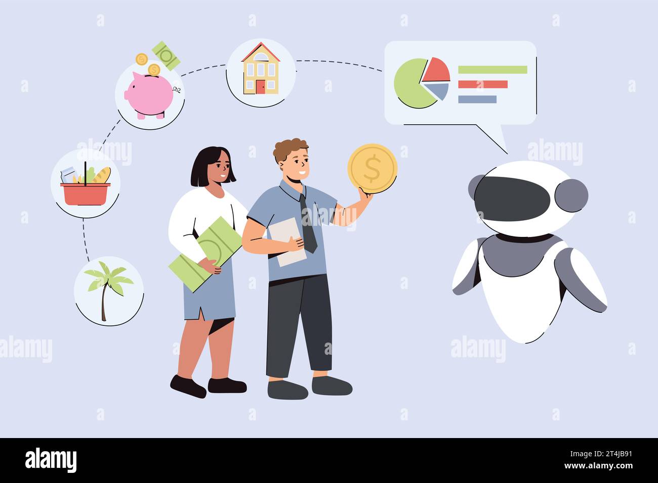 L'intelligenza artificiale aiuta a calcolare il budget mensile personale. Chatbot basato sull'intelligenza artificiale per l'analisi, la pianificazione e il risparmio. Illustrazione dei vettori di gestione finanziaria o di controllo dei costi. Illustrazione Vettoriale