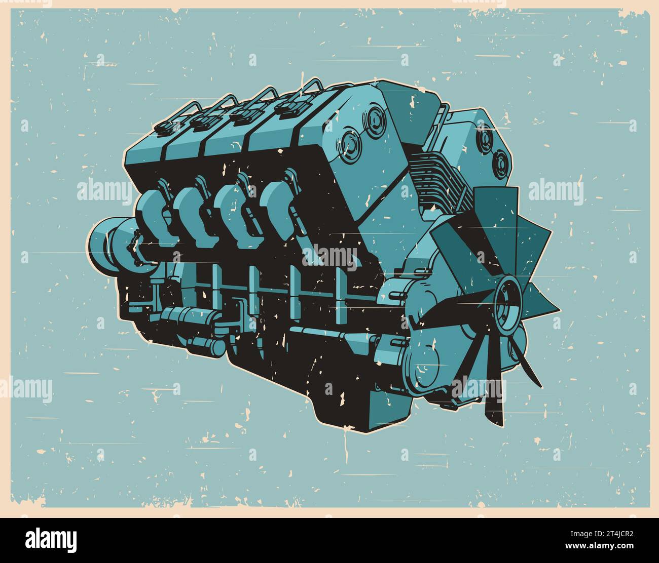 Illustrazione vettoriale stilizzata di un motore turbo diesel in stile retro poster Illustrazione Vettoriale