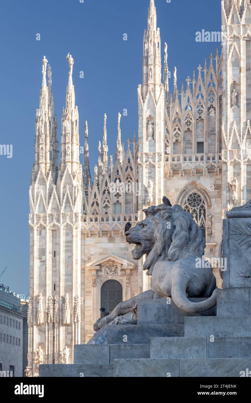 Il leone della statua di Vittorio Emanuele II di fronte al Duomo di Milano, in Lombardia, Italia, Europa. Alcuni uccelli si stanno riposando su di esso. Foto Stock