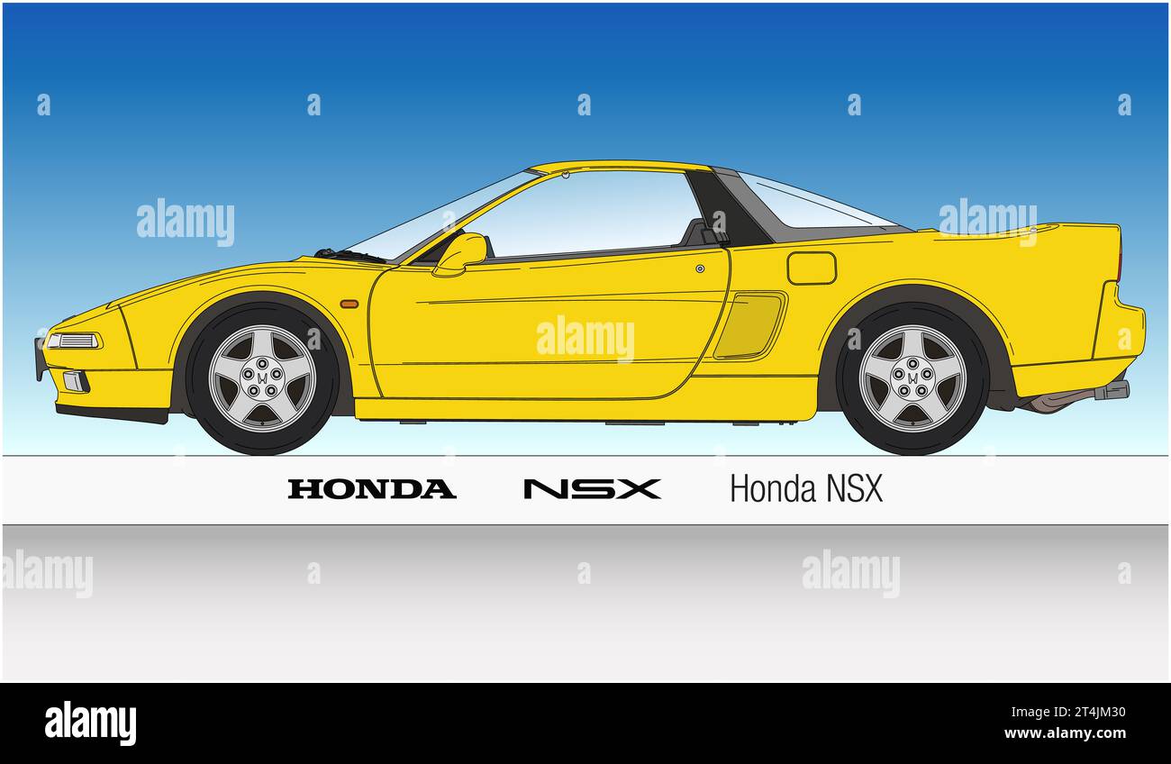 Giappone, anno 1990, silhouette della vettura sportiva Honda NSX delineata sullo sfondo blu del cielo, auto d'epoca classica, illustrazione colorata Foto Stock