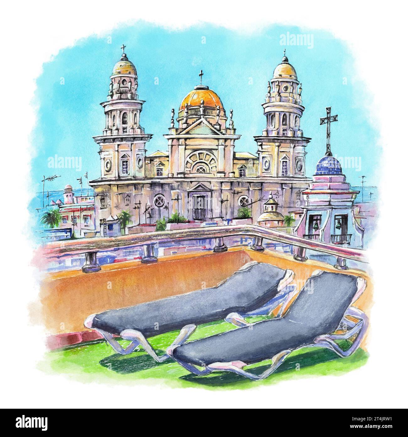 Schizzo ad acquerello della Cattedrale di Santa Cruz a Cadice, Andalusia, Spagna. Foto Stock