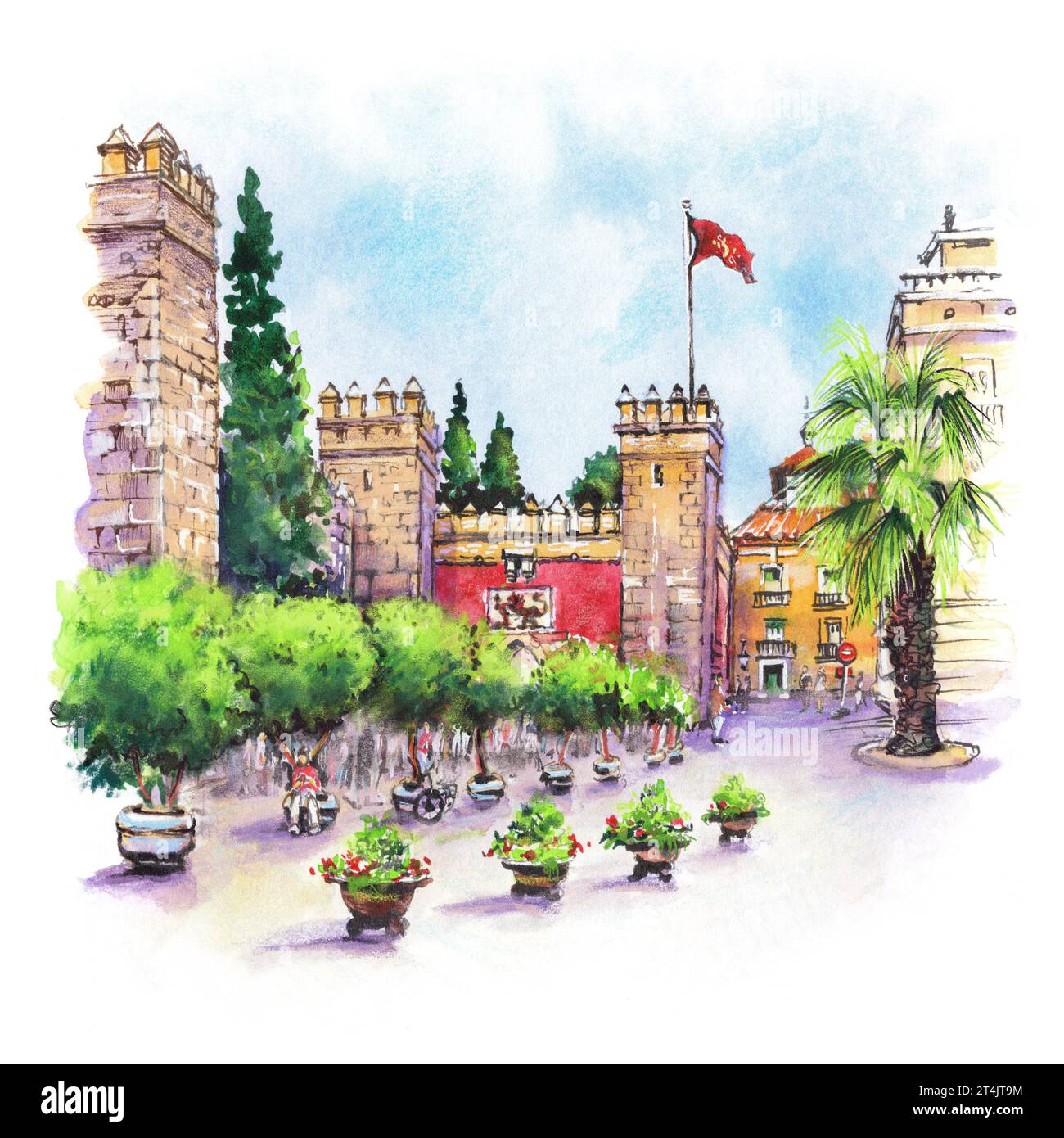 Schizzo ad acquerello della città vecchia di Siviglia con le mura della fortezza, Andalusia, Spagna Foto Stock