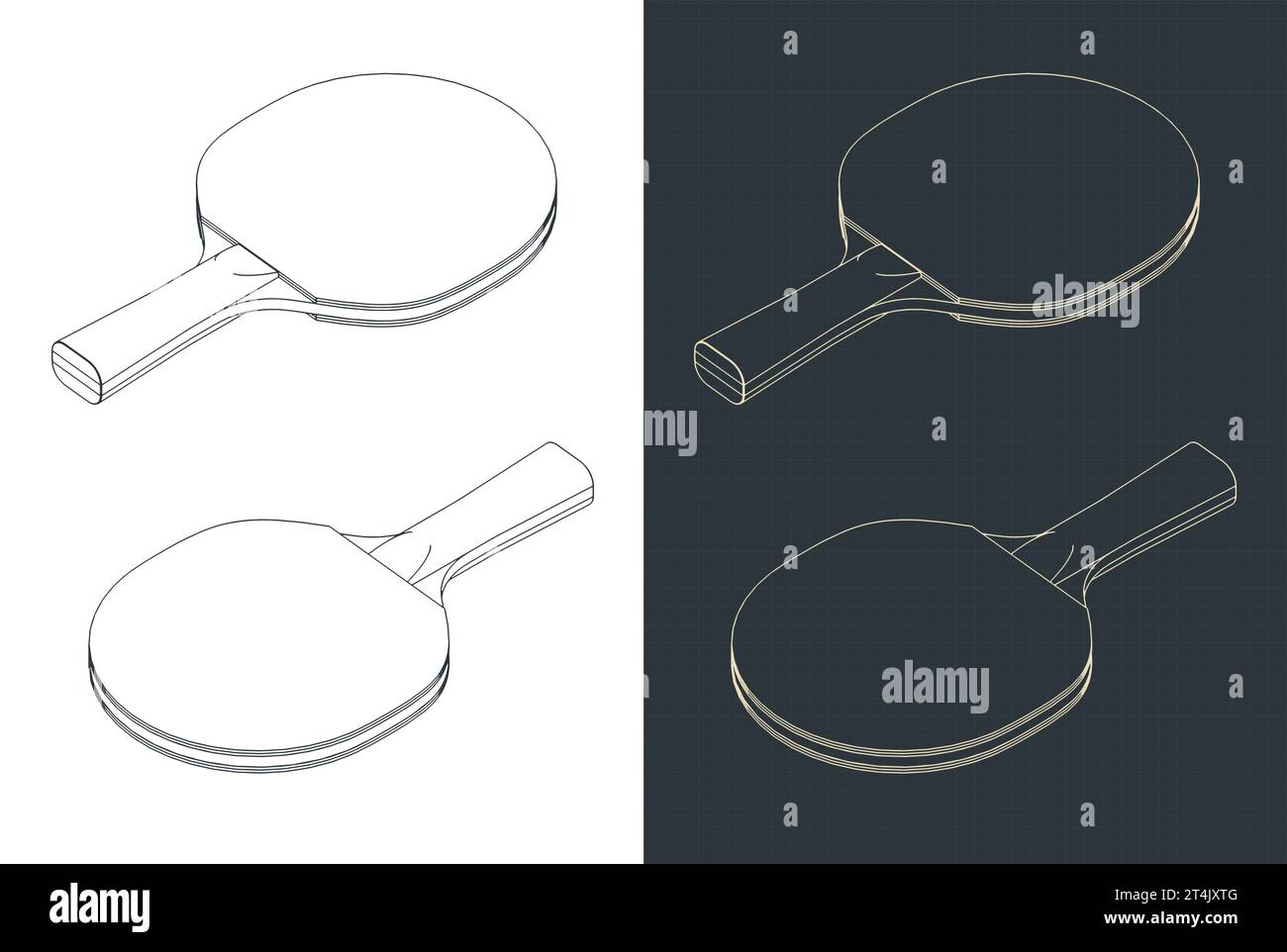 Illustrazioni vettoriali stilizzate di progetti isometrici della racchetta da ping pong Illustrazione Vettoriale