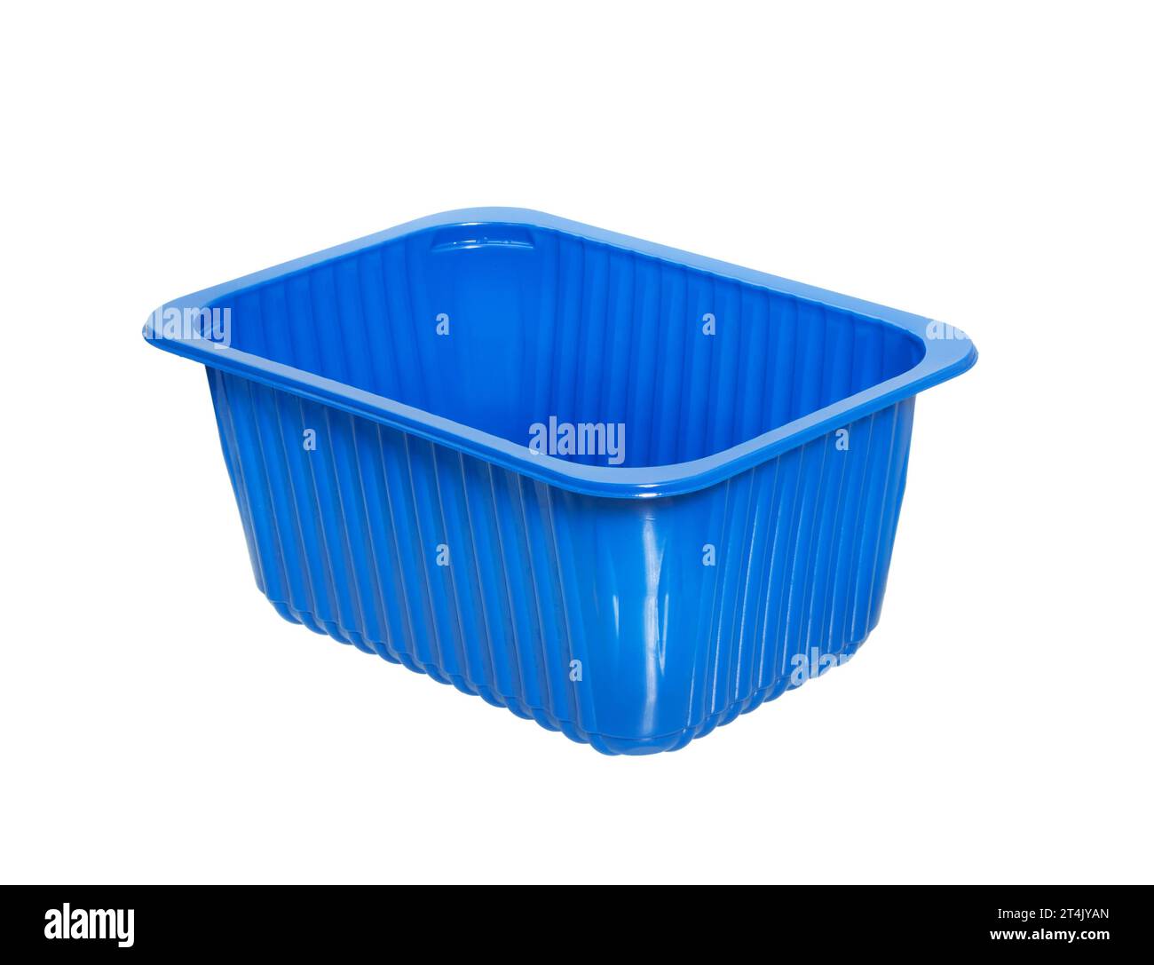 Vassoio di imballaggio in plastica per alimenti. Scatola di plastica blu isolata su bianco. Confezione del prodotto per alimenti. Foto Stock