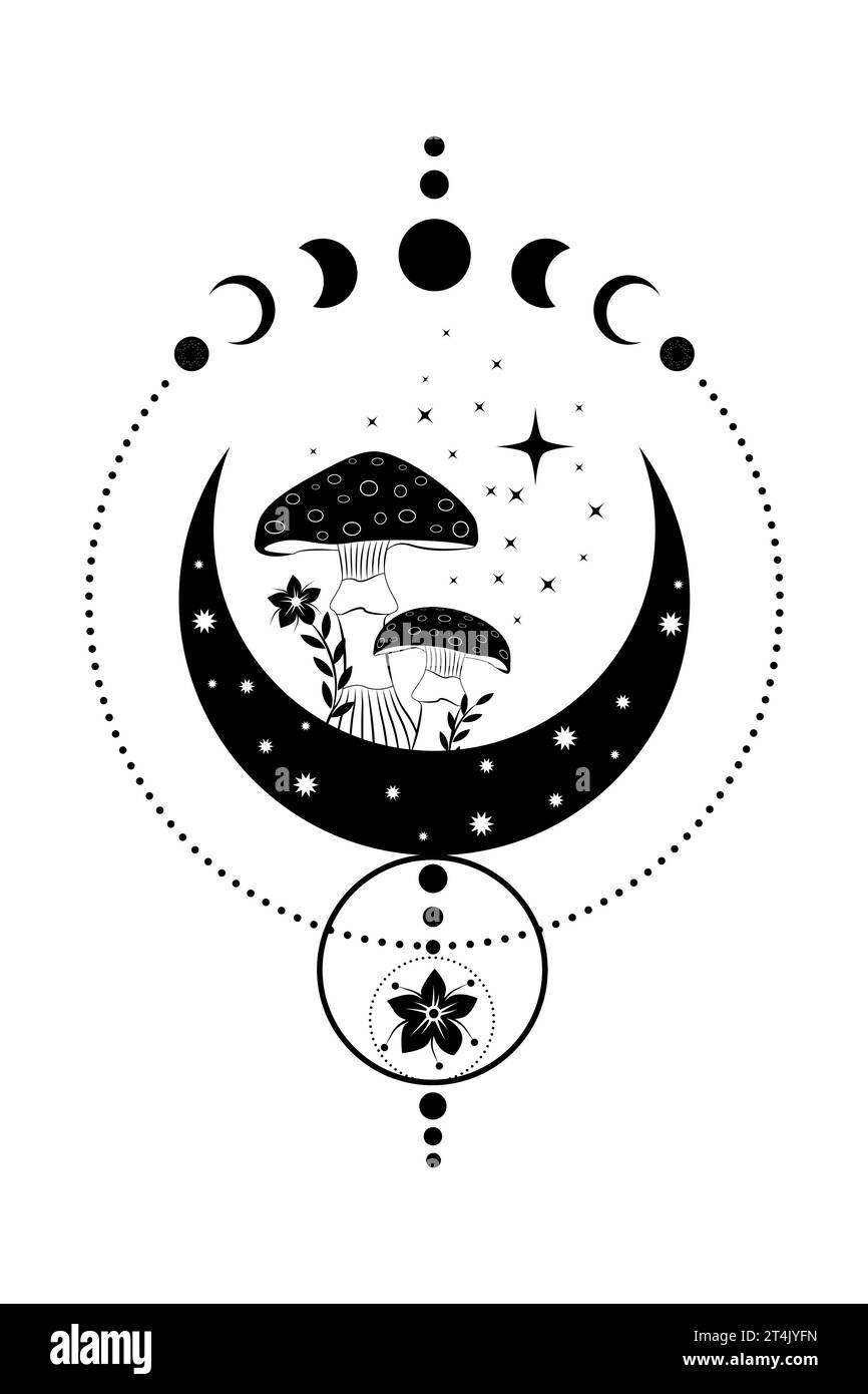 Funghi boho mistici celesti, magica Amanita Muscaria con luna e stelle, simbolo della stregoneria, tatuaggio con logo esoterico stregone, fase lunare, floreale Illustrazione Vettoriale
