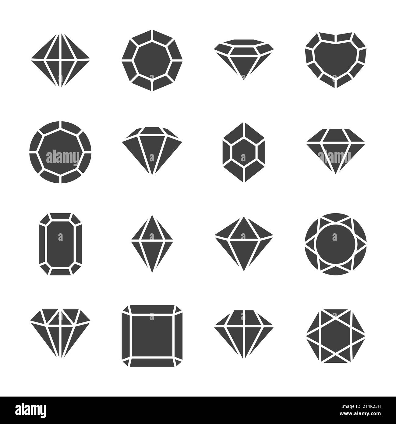 Set di icone Gemstone in bianco e nero minimalistiche Vector Flat Simple. Diamanti, Crystal, Rhinestones Closeup isolati. Concetto Jewerly. Modello di progetto Illustrazione Vettoriale