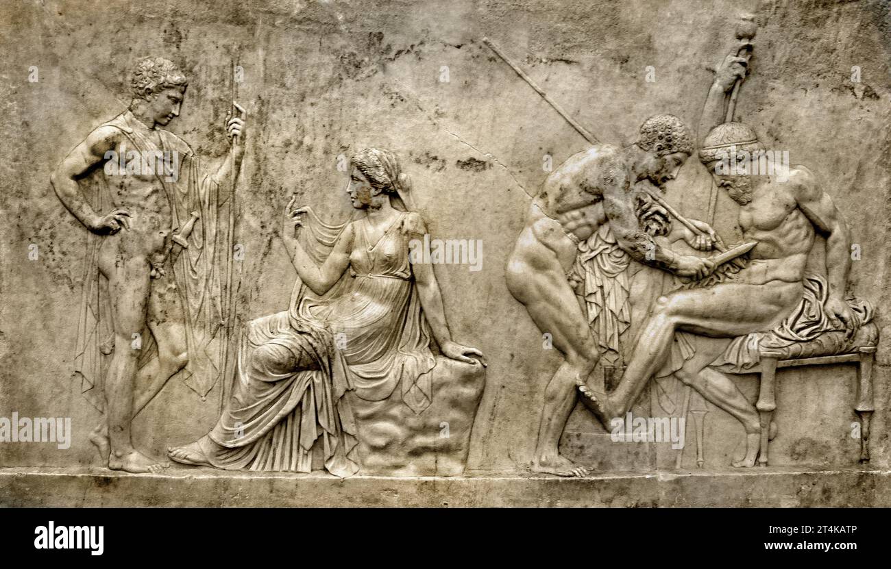 Rilievo che mostra il mito di Telefo dalla Casa di Ercole di Telefo, (i secolo a.C.) museo Archeologico Nazionale di Napoli Italia. Foto Stock