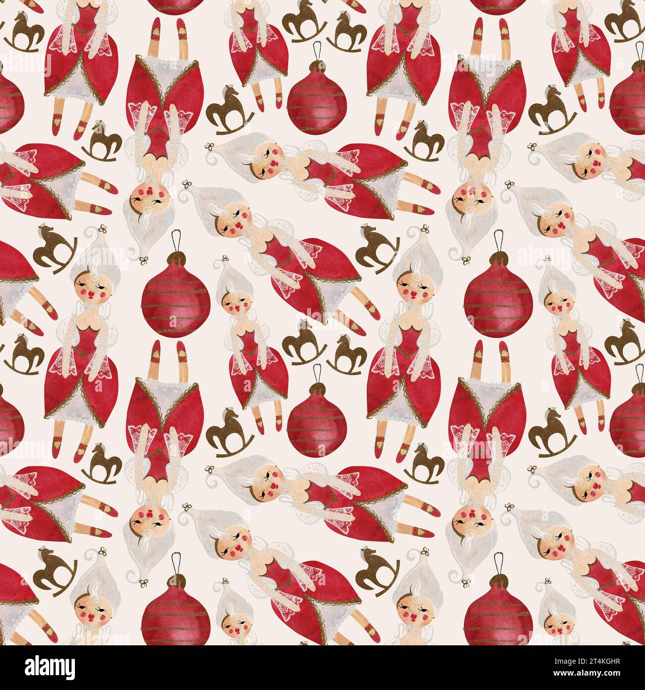 Patern acquerello senza cuciture con bambole e cavalli a dondolo. Carta da imballaggio natalizia. Giocattolo per bambini. Un regalo di Natale. Illustrazione raster per il pacchetto Foto Stock