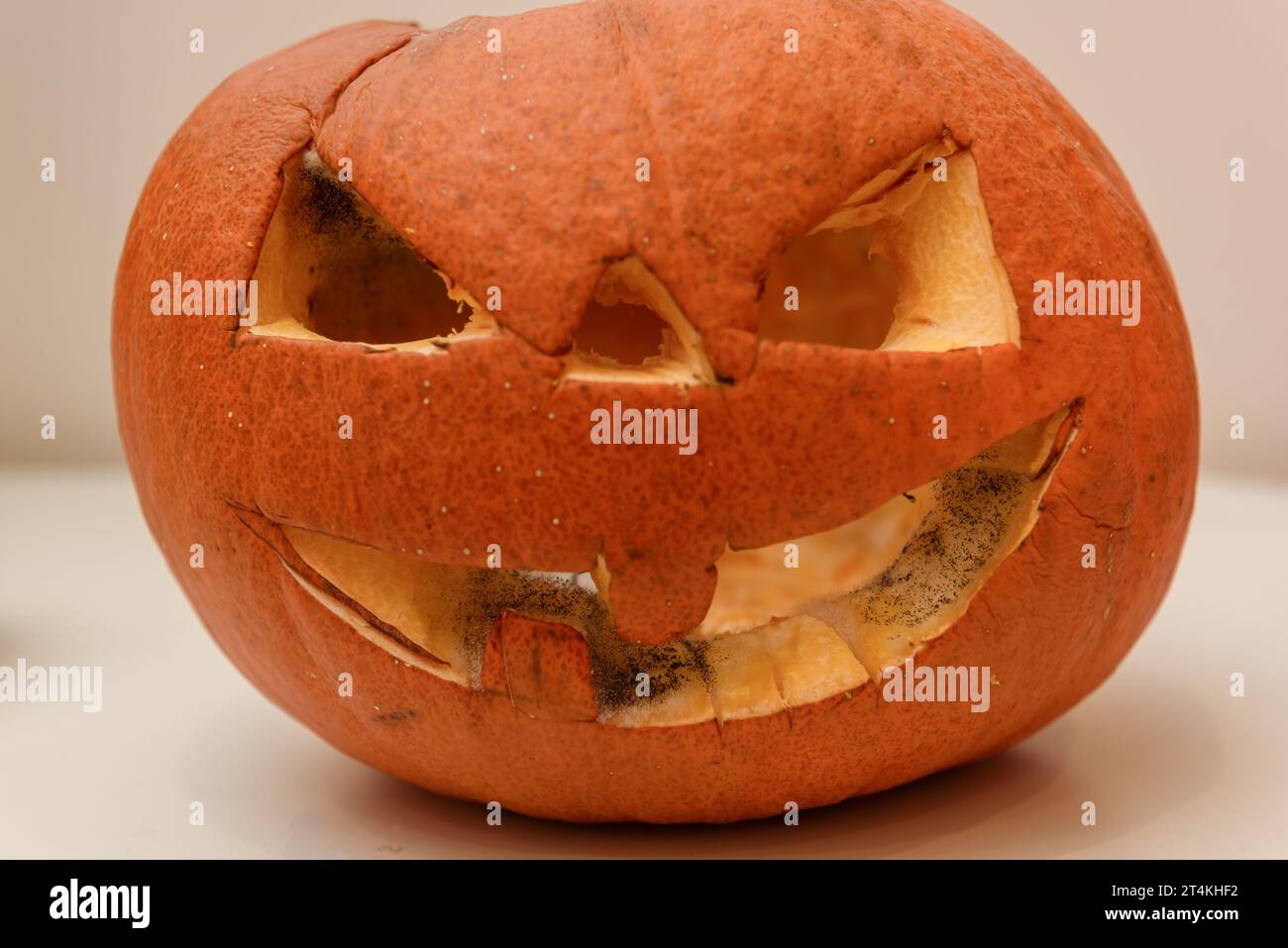 Foto con messa a fuoco selettiva. Muffa sulla zucca di Halloween. Foto Stock