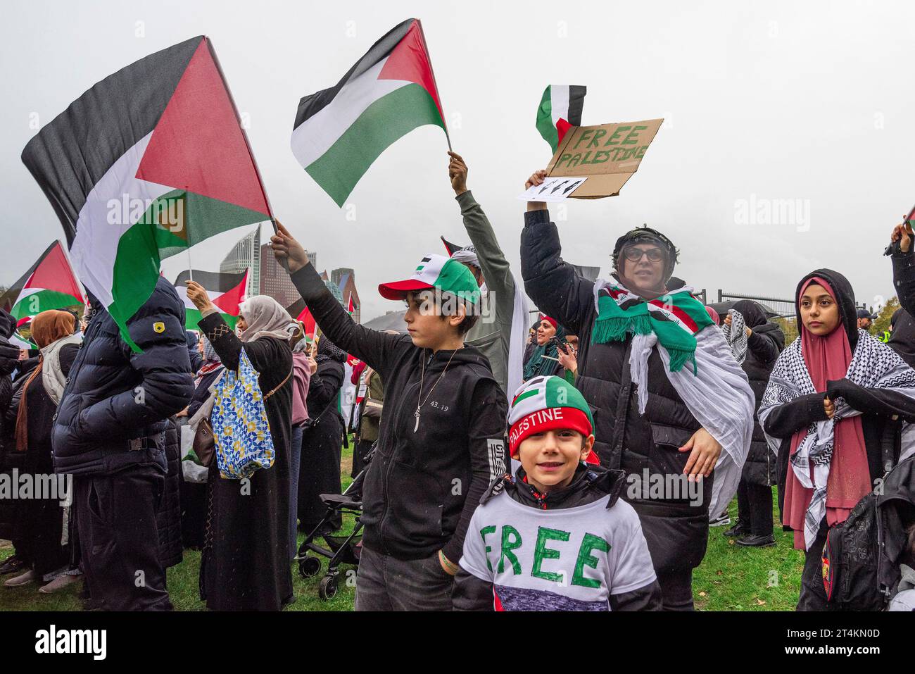 L'Aia, Paesi Bassi. 29 ottobre 2023. I manifestanti detengono bandiere palestinesi durante la manifestazione “dimostrazione nazionale per la Palestina” all’Aia. I manifestanti hanno marciato pacificamente attraverso l'Aia questo pomeriggio e si sono riuniti sul Malieveld, quindi hanno marciato attraverso la città in una lunga processione che ha attraversato l'Hofvijver, Plein 1813 e poi passato al Palazzo della libertà durante la manifestazione nazionale per la Palestina. Credito: SOPA Images Limited/Alamy Live News Foto Stock