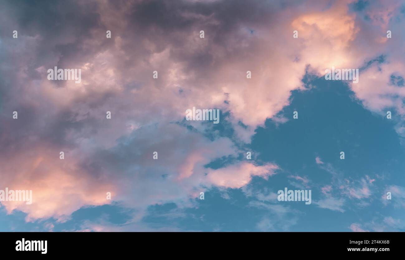 Scenografica nuvola d'oro rosa illuminata dal tramonto. Foto aerea panoramica ravvicinata di un cielo blu profondo con nuvole di gonfi Foto Stock