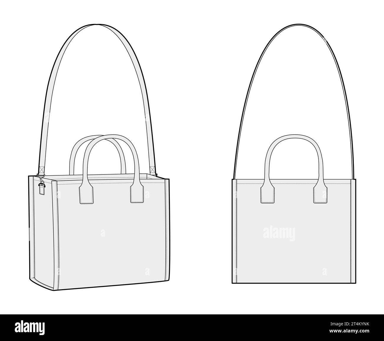 Borsa a tracolla con tracolla rimovibile. Illustrazione tecnica degli accessori moda. Borsa a mano vettoriale frontale vista a 3-4° per uomo, donna, unisex, disegno modello CAD per borsa piatta Illustrazione Vettoriale