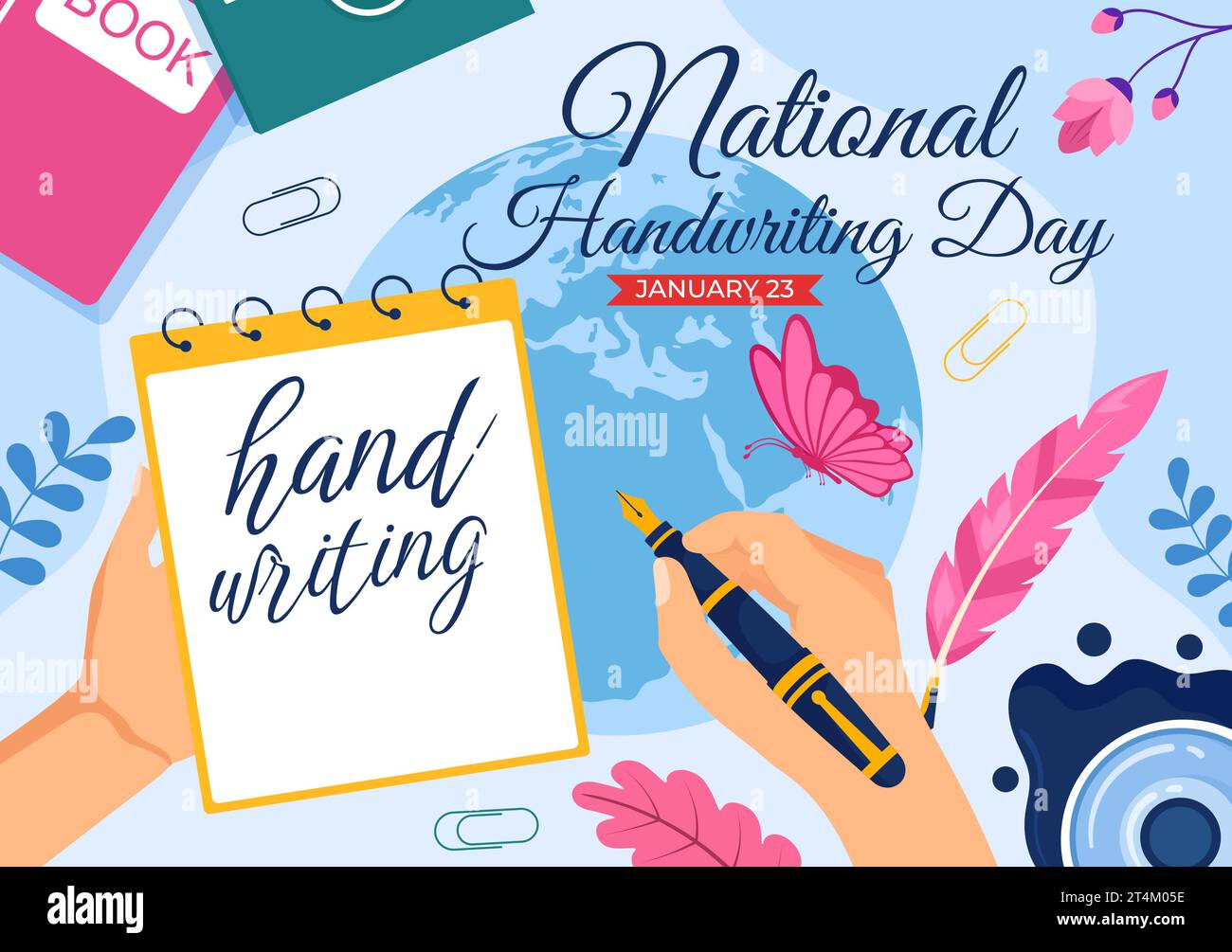 Illustrazione vettoriale della giornata nazionale della calligrafia il 23 gennaio con inchiostro, penna e carta per la scrittura in cartone animato a mano disegno di sfondo Illustrazione Vettoriale