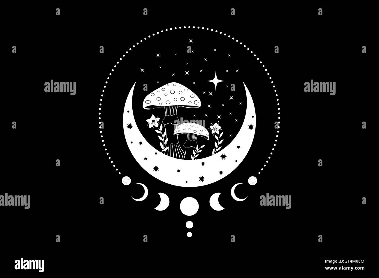 Funghi boho mistici celesti, magica Amanita Muscaria con luna e stelle, simbolo della stregoneria, tatuaggio con logo esoterico stregone, fase lunare, floreale Illustrazione Vettoriale