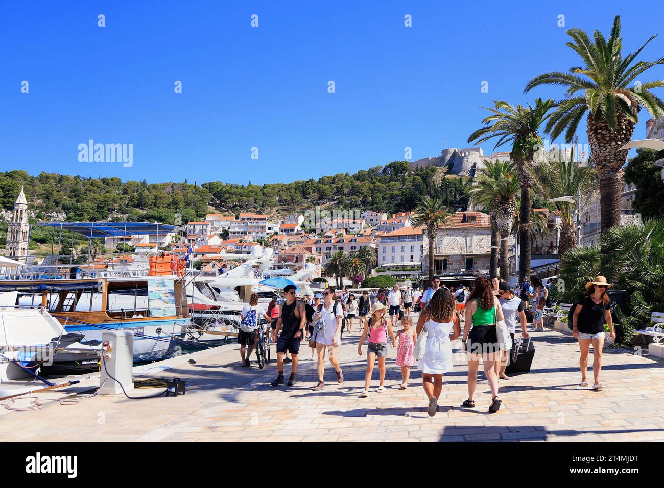 Turisti che si godono Hvar, compreso il porto e la fortezza sulla collina, in Croazia Foto Stock