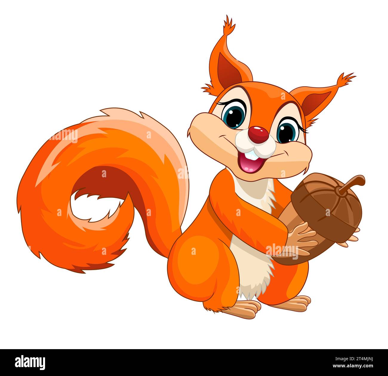 Uno scoiattolo rosso gioioso, con una coda soffice, tiene una ghianda nelle zampe. Scoiattolo su sfondo bianco. Illustrazione Vettoriale
