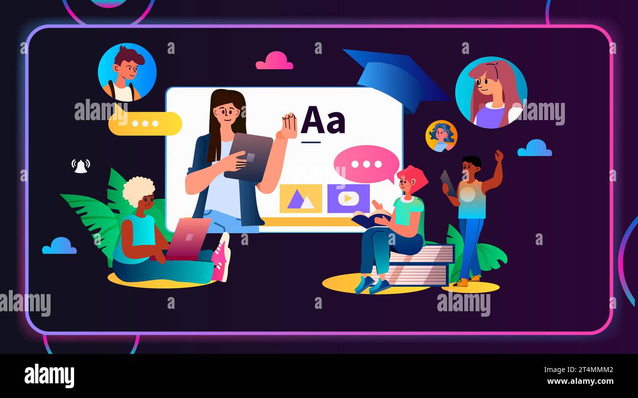 studenti che discutono durante conferenze virtuali, webinar, seminari web, collaborazione tra colleghi, concetto di formazione online Illustrazione Vettoriale