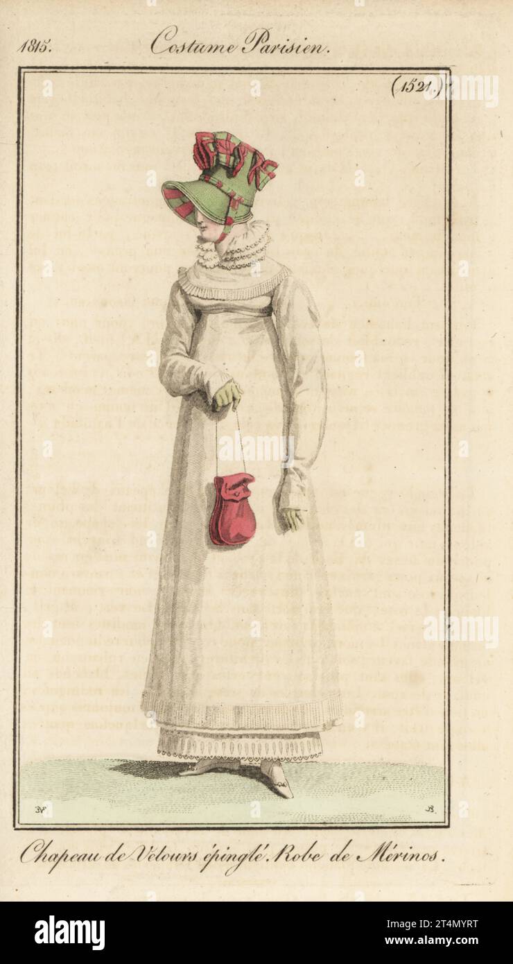 Donna con cofano in velluto verde spugna, abito in lana merino e borsa con coulisse. Chapeau de velours epingle, abito di merinos. Incisione a mano su copperplate di Jean Charles Baquoy dopo un piatto di moda di Horace Vernet dal Journal des Dames et des Modes di Pierre de la Mesangere, Magazine of Women and Fashion, Parigi, 1815. Foto Stock