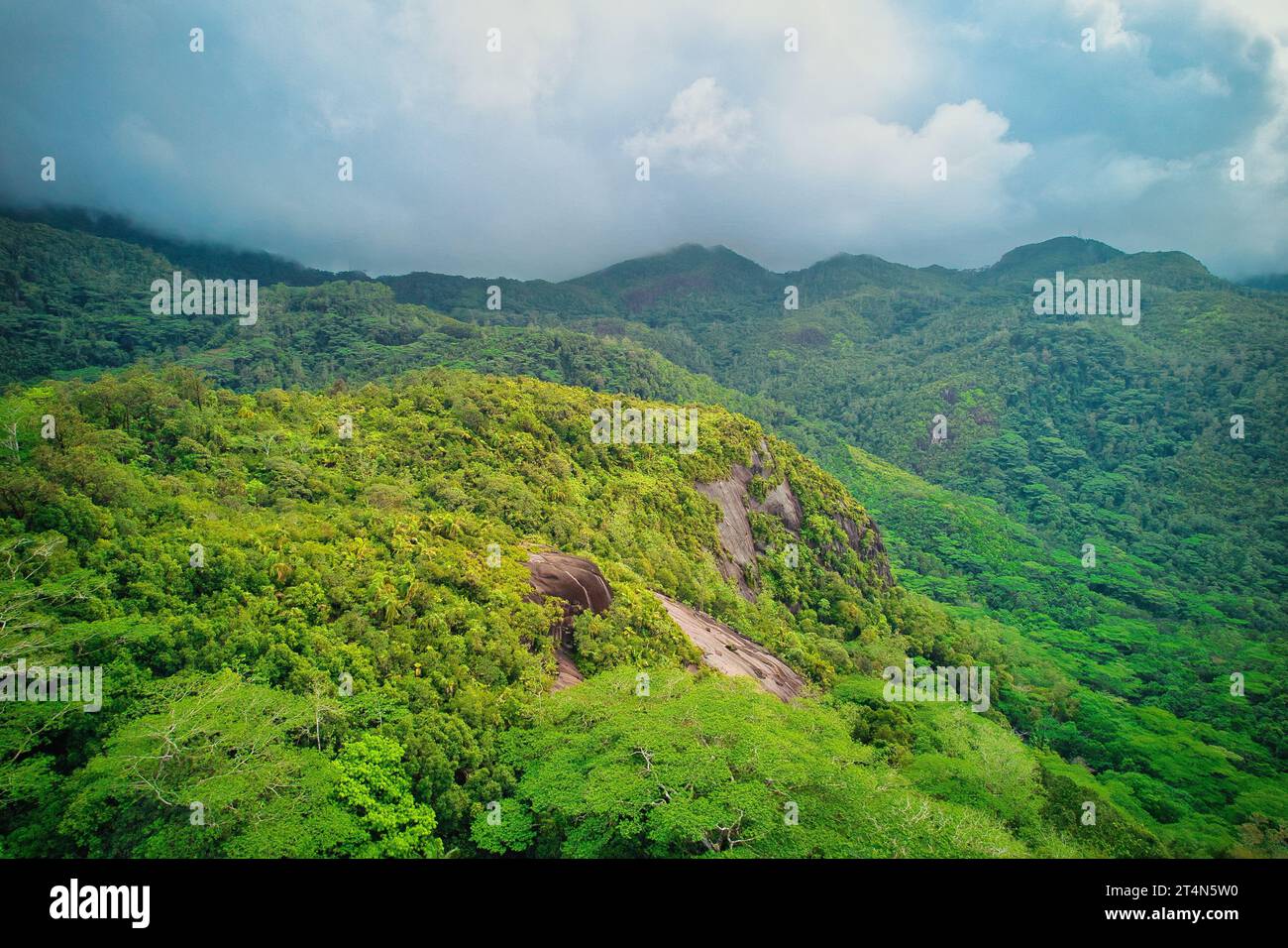 Shot di drone dalla fabbrica di tè, Bull Island, vista da sud-ovest alla costa occidentale di Mahe, vegetazione, cielo nuvoloso, Mahe Seychelles Foto Stock
