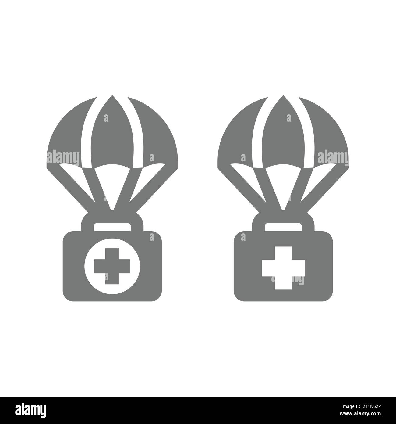 Icona di assistenza medica o del vettore di aiuto. Simbolo di somministrazione di farmaci paracadutisti o vaccini. Illustrazione Vettoriale