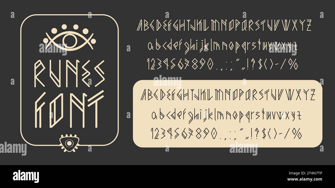 Tipo scandinavo, font viking Runes. Antico carattere tipografico dell'alfabeto nordico. Lettere e numeri in stile celtico con elementi gotici medievali, alfabeto runico vichingo, abc tribale Illustrazione Vettoriale