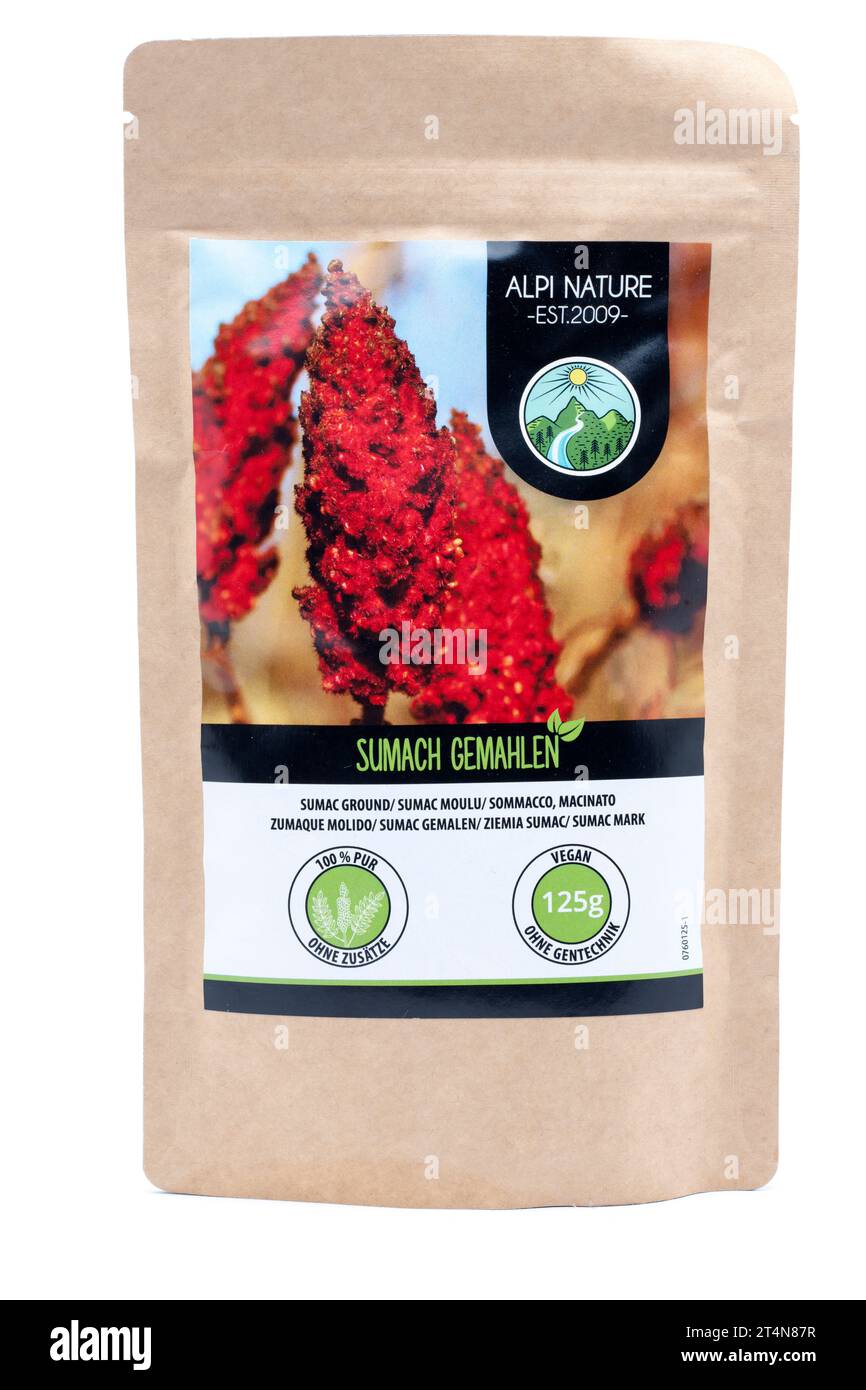 Confezione da 125 grammi di Alpi Nature of Ground Sumach in una borsa richiudibile Foto Stock