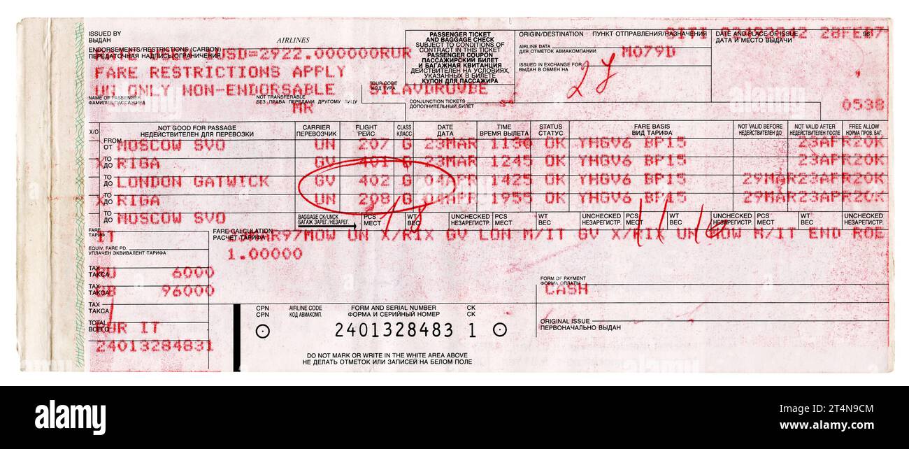 Biglietto aereo Mosca - ricevuta del coupon di volo passeggeri Londra Foto Stock