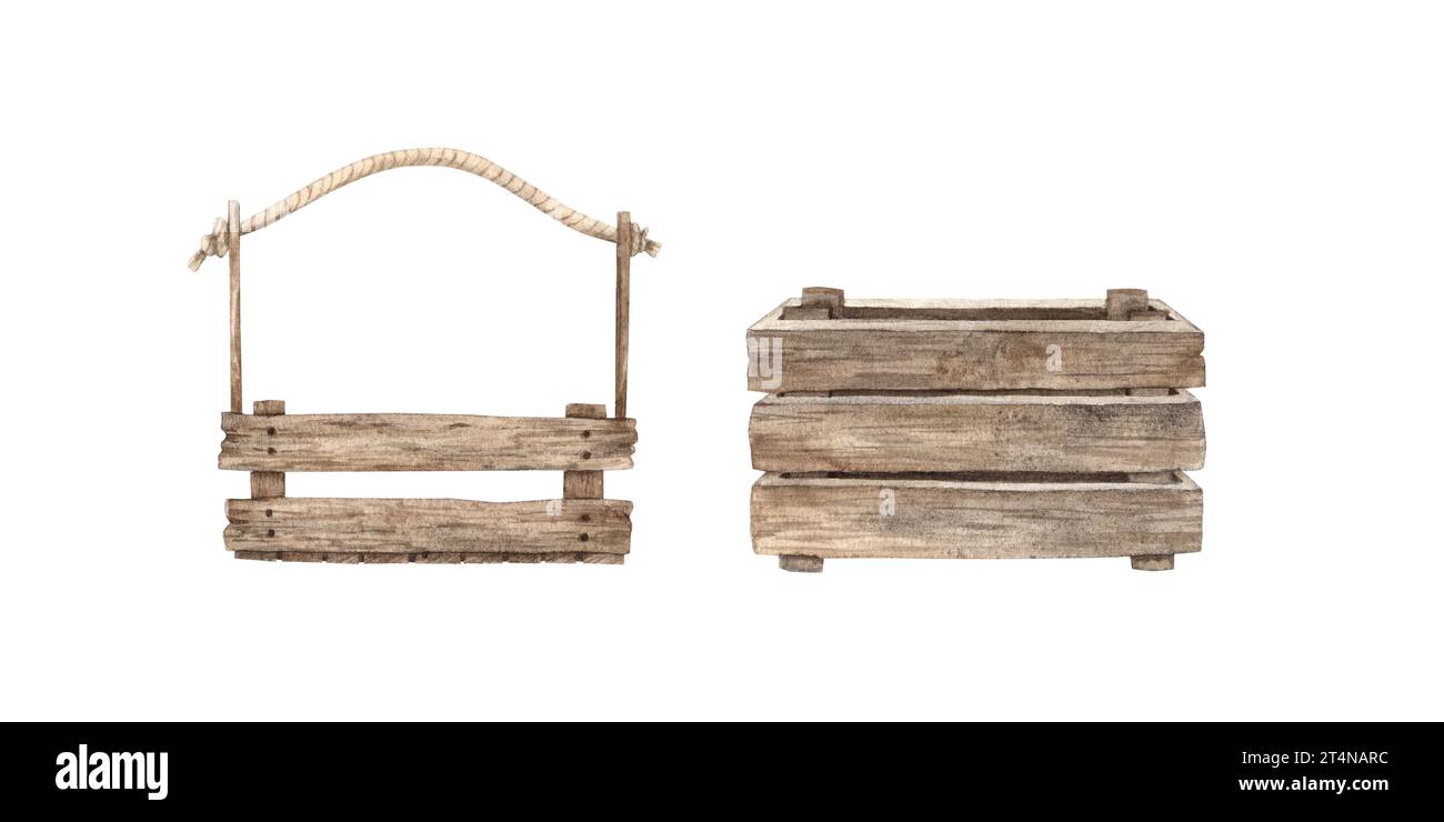 Disegno ad acquerello di scatole di legno, elementi isolati su bianco, disegnati a mano. Può essere utilizzato nella stampa e nella progettazione grafica, per cartoline. Foto Stock