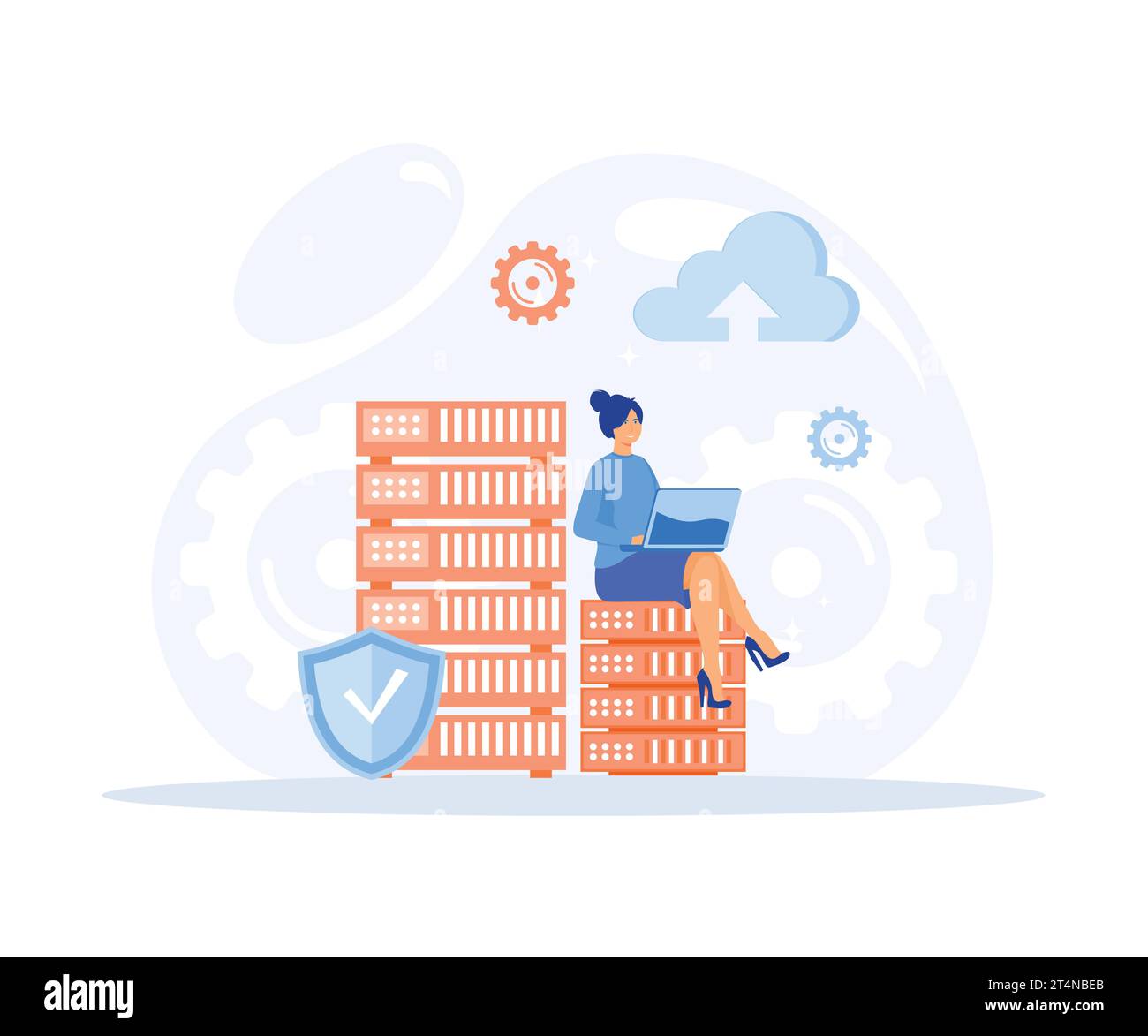 concetto di cloud computing, data center, gestione dei file, archiviazione cloud, illustrazione moderna a vettore piatto Illustrazione Vettoriale