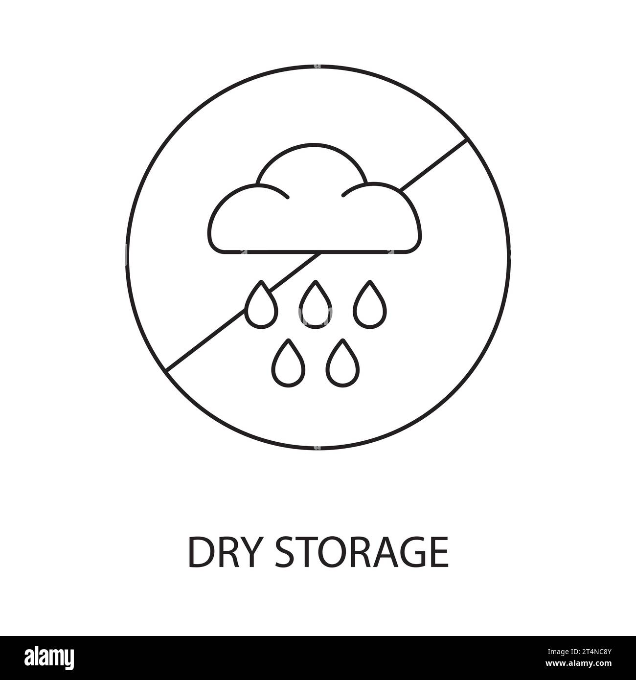 Conservazione in un luogo asciutto vettore di linea per l'imballaggio di alimenti, illustrazione di un cerchio barrato, all'interno del quale è presente una nuvola con pioggia, proteggere dall'umidità. Illustrazione Vettoriale