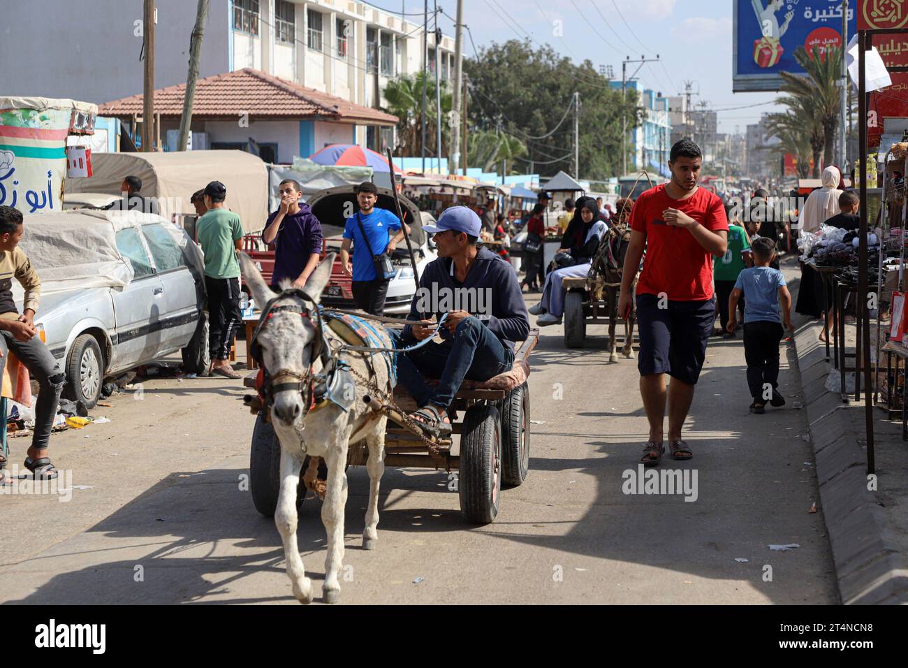 Gaza. 31 ottobre 2023. Un uomo guida un veicolo trainato da animali a causa della mancanza di carburante nella città meridionale di Khan Younis nella Striscia di Gaza il 31 ottobre 2023. Il movimento di resistenza islamica palestinese (Hamas) ha lanciato un attacco a sorpresa contro Israele il 7 ottobre, sparando migliaia di razzi e infiltrandosi in territorio israeliano, al quale Israele ha risposto con massicci attacchi aerei e misure punitive, tra cui un assedio all'enclave con forniture di acqua, elettricità, carburante, e altre necessità che vengono tagliate. Crediti: Rizek Abdeljawad/Xinhua/Alamy Live News Foto Stock