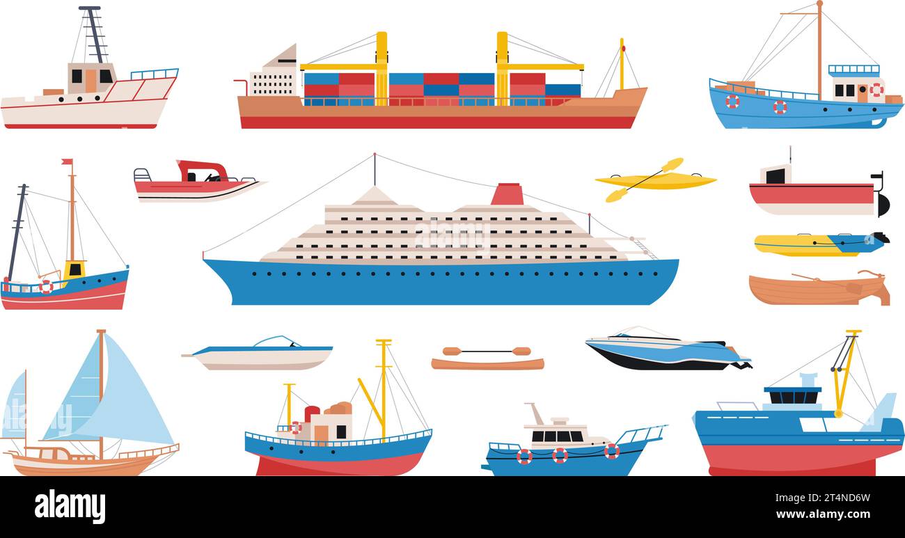 Design di cartoni animati per navi e barche. Yacht, cargo e nave marittima. Nave da crociera, trasporto nautico e avventure elementi vettoriali decenti Illustrazione Vettoriale