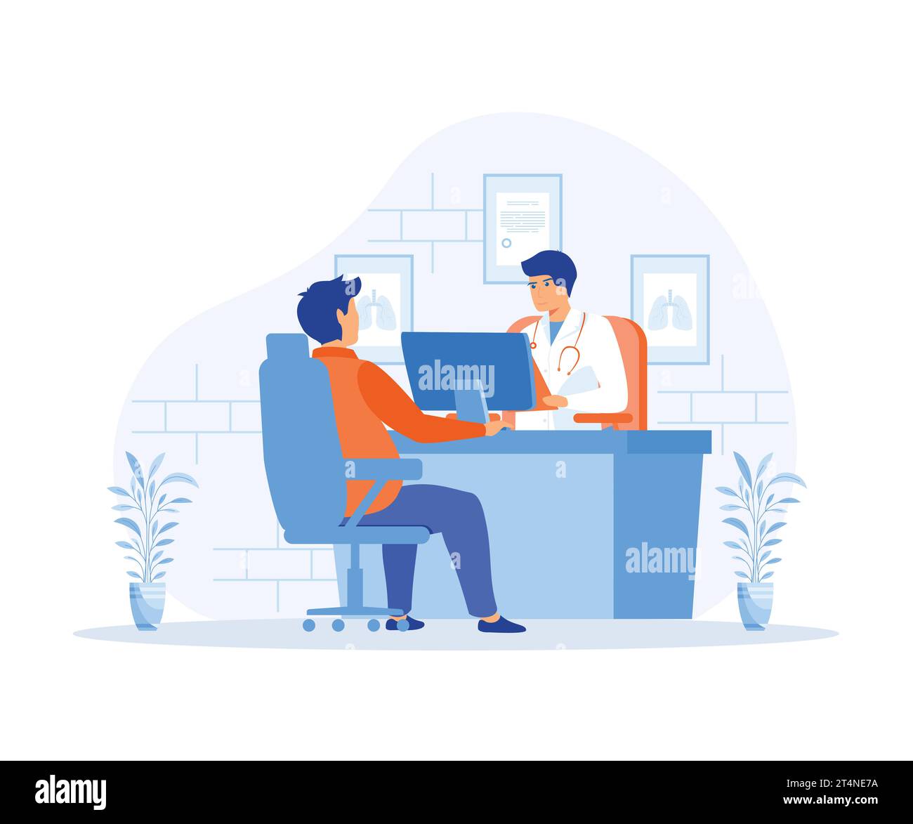 Donna all'appuntamento del medico. medico maschio e femmina seduti a parlare al tavolo in ufficio. illustrazione moderna a vettore piatto Illustrazione Vettoriale