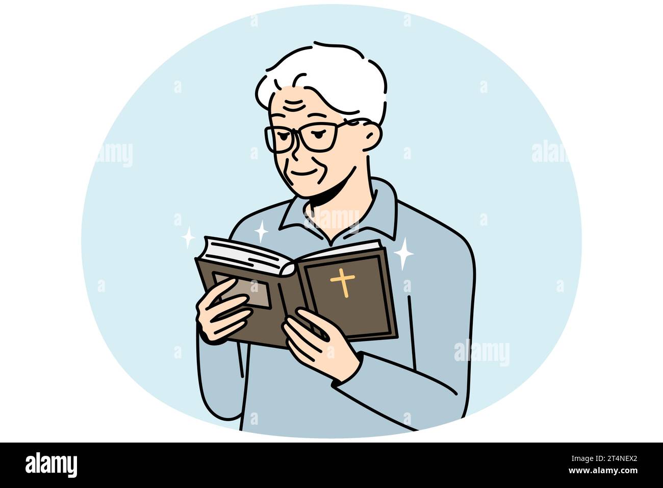 L'uomo anziano guarda alla Sacra Scrittura. Il pensionato sta leggendo la Bibbia. Nonno che tiene un libro di cods aperto. L'antica preghiera cristiana, chiede aiuto, benedizioni da potenze superiori. Illustrazione lineare vettoriale. Illustrazione Vettoriale