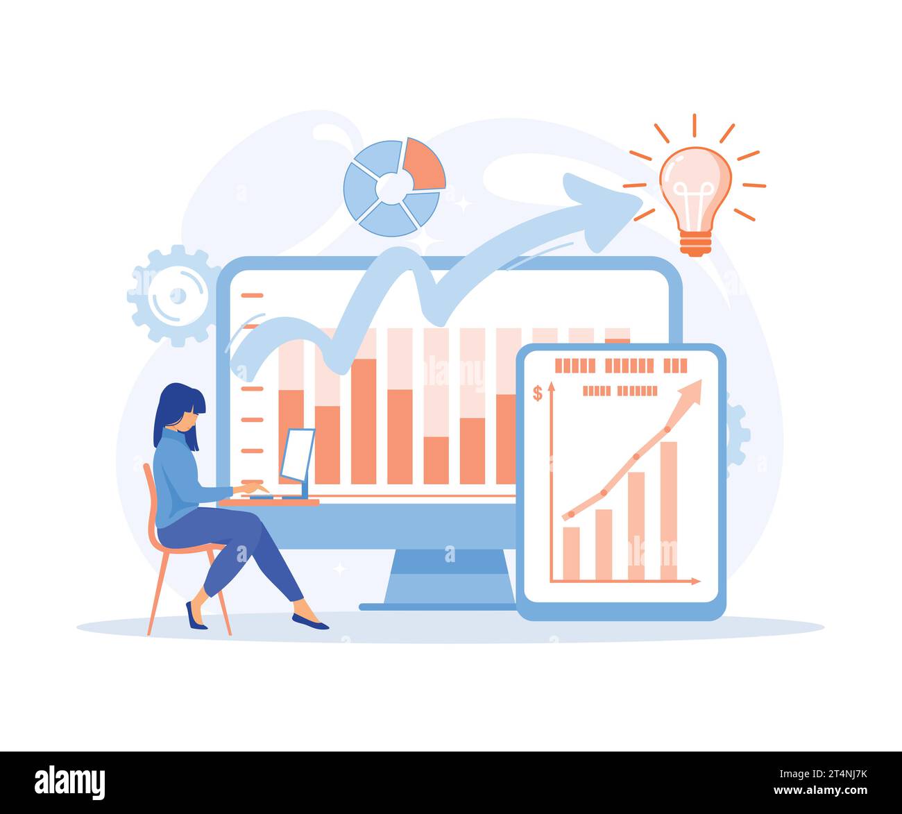 Business intelligence, analisi dei dati, ottenimento di informazioni analitiche per prendere decisioni aziendali strategiche. strumenti di gestione, flat vector modern i Illustrazione Vettoriale