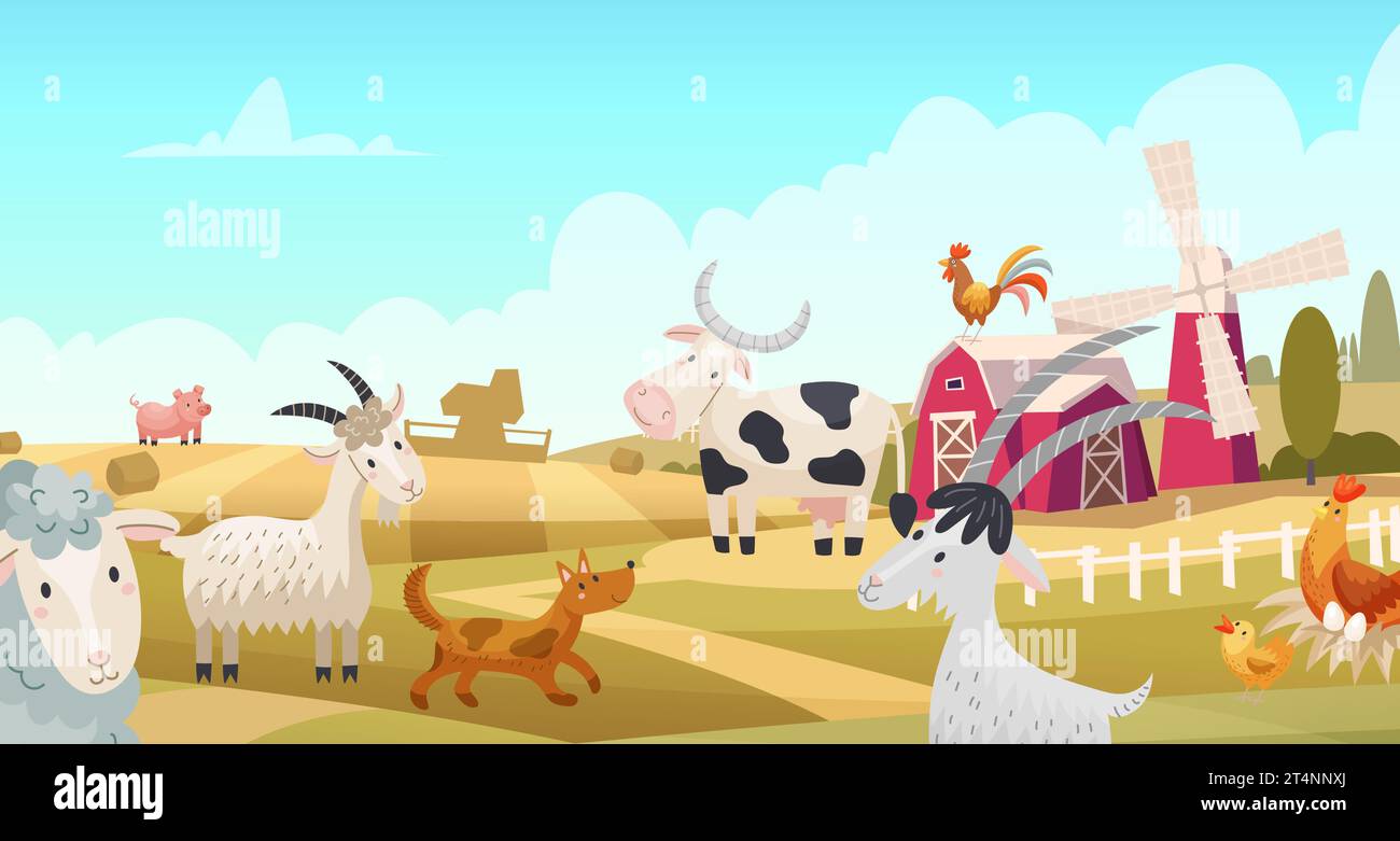 Informazioni generali sull'azienda agricola. Paesaggio con animali domestici che camminano sulle oche del villaggio anatre mucche maiali. Modello vettoriale colorato Illustrazione Vettoriale
