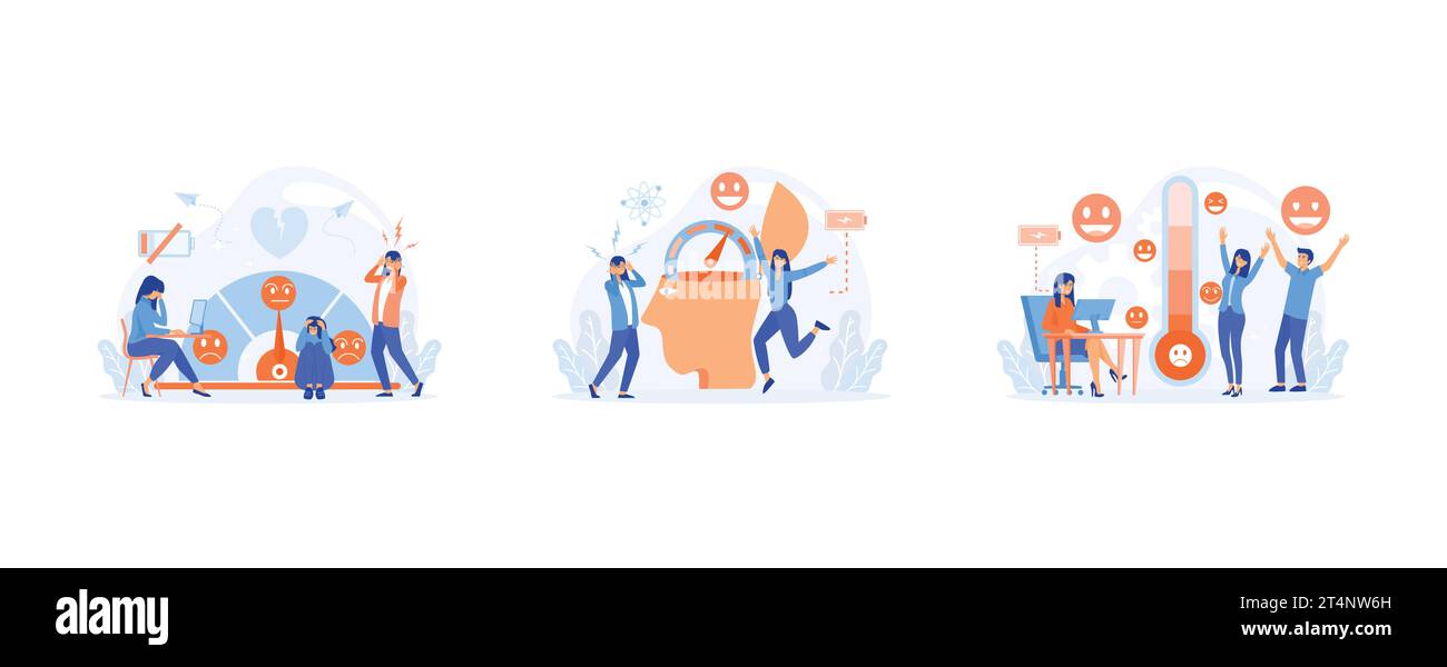 Le persone sono sulla scala dell'umore, tasso di stress. Frustrazione e stress, sovraccarico emotivo, lavoro eccessivo, diagnosi di depressione disturbi mentali, set flat vec Illustrazione Vettoriale