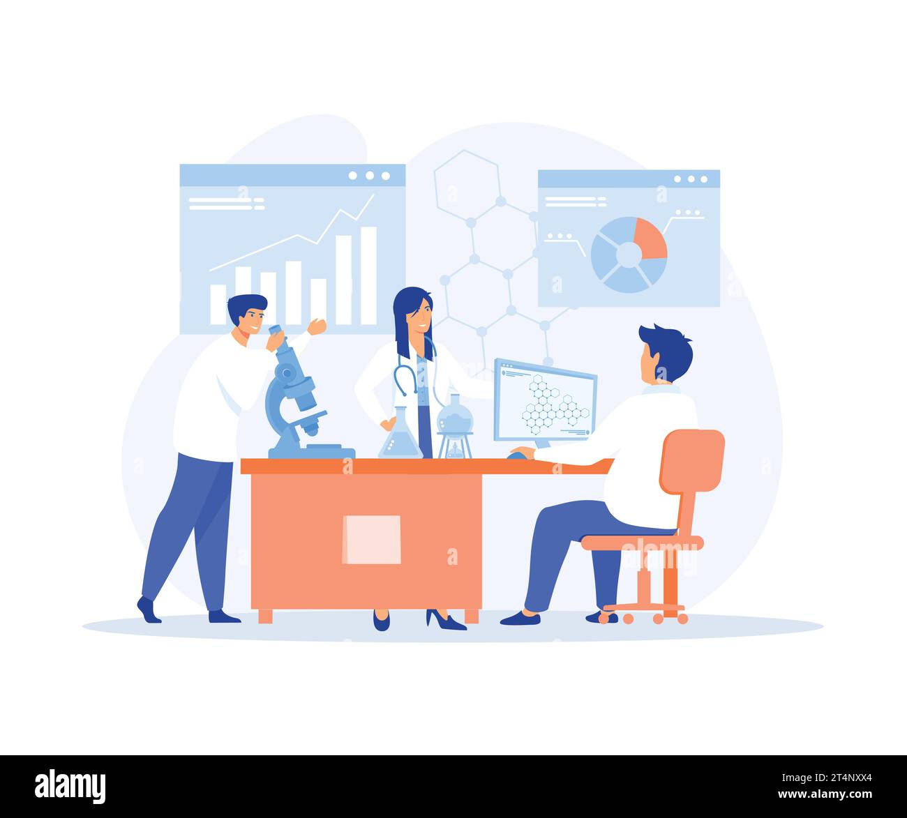 Laboratorio medico, scienziati professionisti, medici e ricercatori chimici che lavorano e analisi in laboratorio esperimento, vettore piatto moderno illust Illustrazione Vettoriale