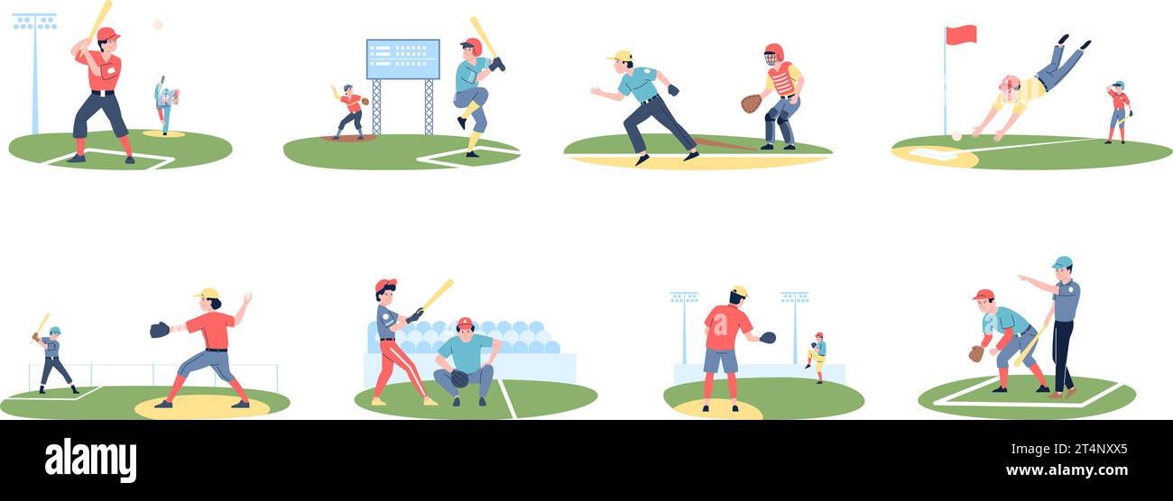 Scene di baseball. Catcher e lanciatore nello sport americano, giovani atleti che colpiscono e catturano palle. Concorso sportivo di cartoni animati recente Vector Illustrazione Vettoriale