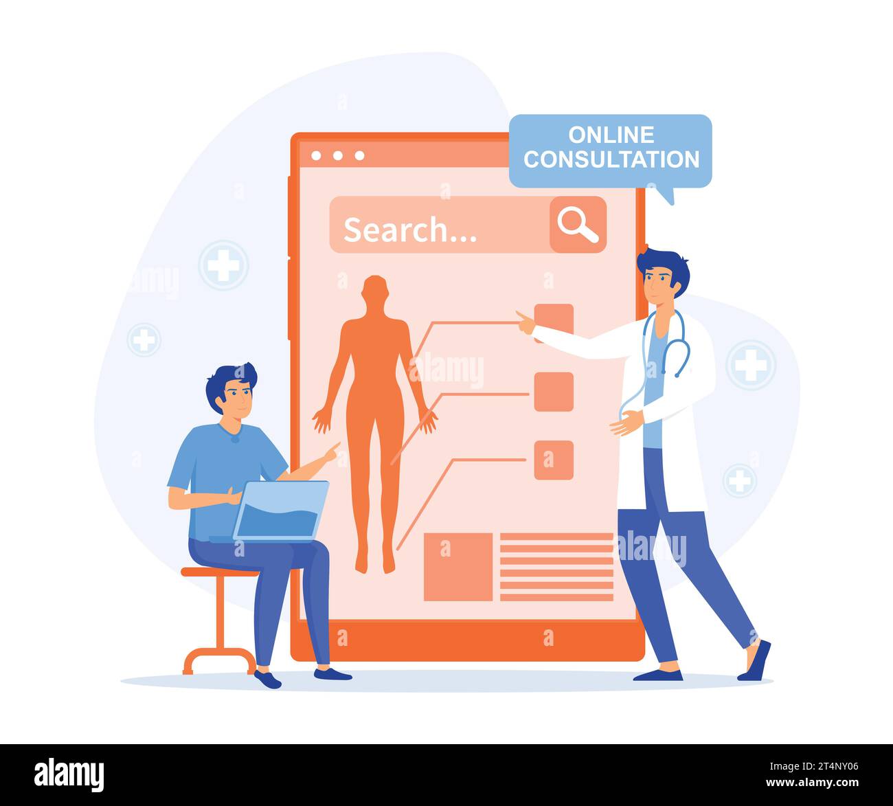 Servizio o piattaforma online di medicina. Specialista sanitario, medicina moderna trattamento, vettore piatto illustrazione moderna Illustrazione Vettoriale