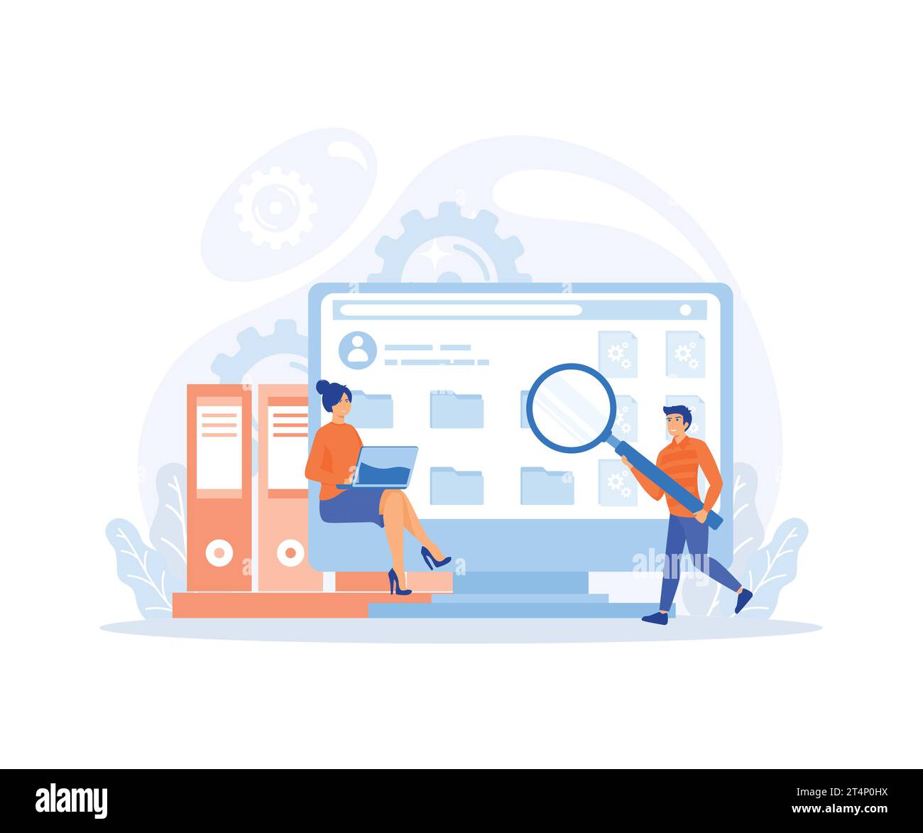 Concetto di gestione dei file e storage dei dati, ricerca e indicizzazione di documenti di file, illustrazione moderna a vettore piatto Illustrazione Vettoriale