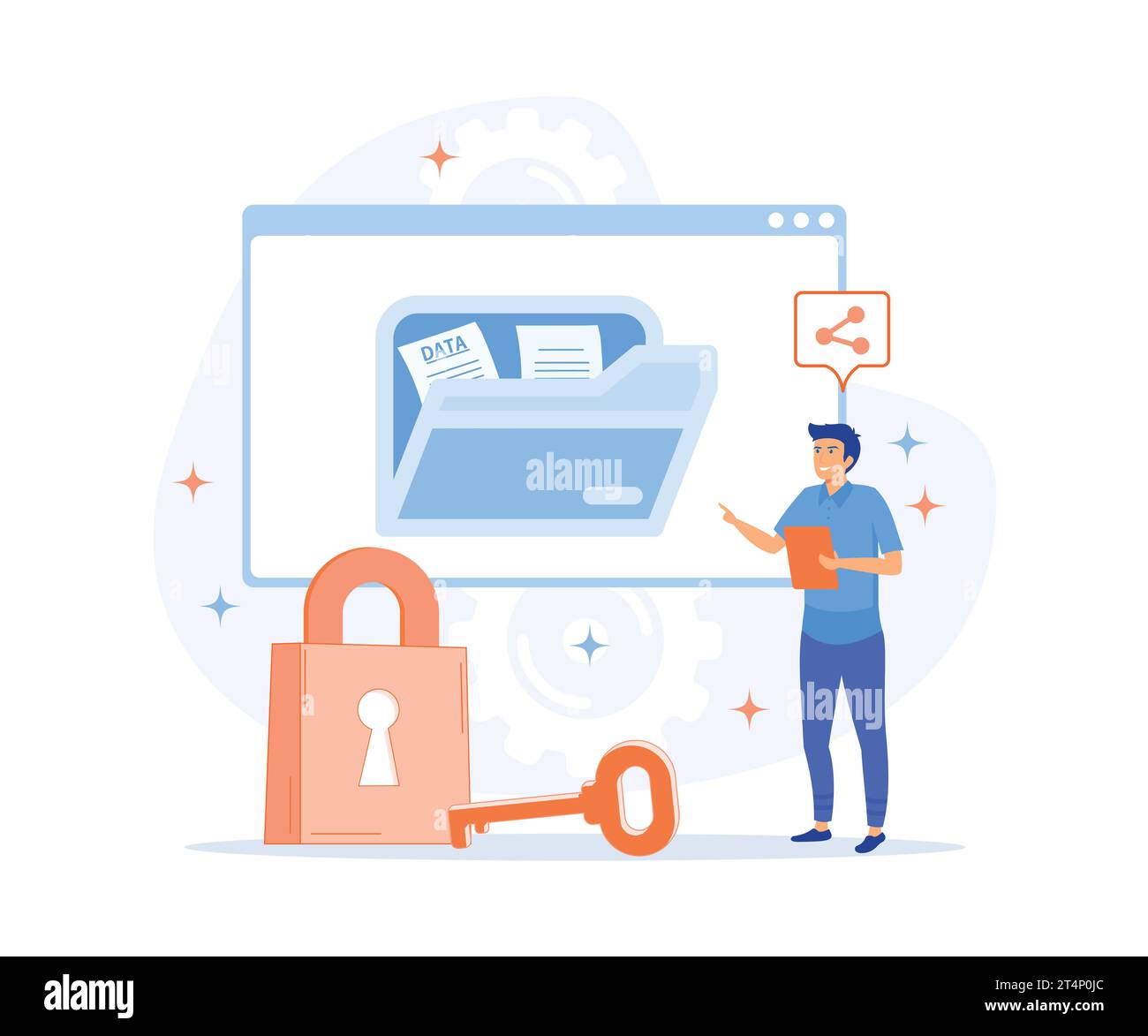 Servizi di sicurezza informatica per proteggere i dati personali.sicurezza dei pagamenti online, documenti condivisi sul cloud, sicurezza dei server, illustrazione moderna a vettore piatto Illustrazione Vettoriale