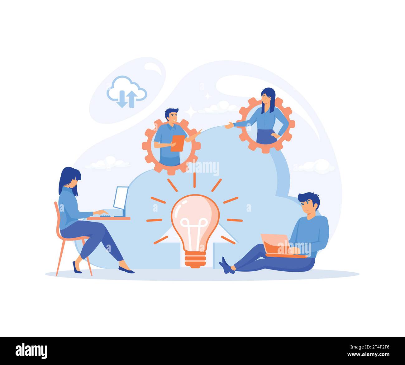 Team di co-working di utenti connessi tramite cloud computing e lampadina. Collaborazione online, illustrazione moderna a vettore piatto Illustrazione Vettoriale