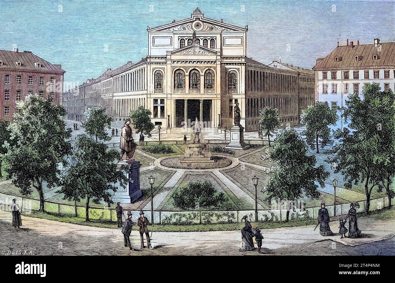DAS Münchner Volkstheater ist ein Theater in München, Bayern, Deutschland, Reproduktion eines Bildes, Holzschnitt aus dem Jahr 1881, digitalrestauriert, Historisch / Muenchner Volkstheater è un teatro a Monaco, Baviera, Germania, riproduzione di un'immagine, tagliata in legno dell'anno 1881, digitale migliorato, storico Foto Stock