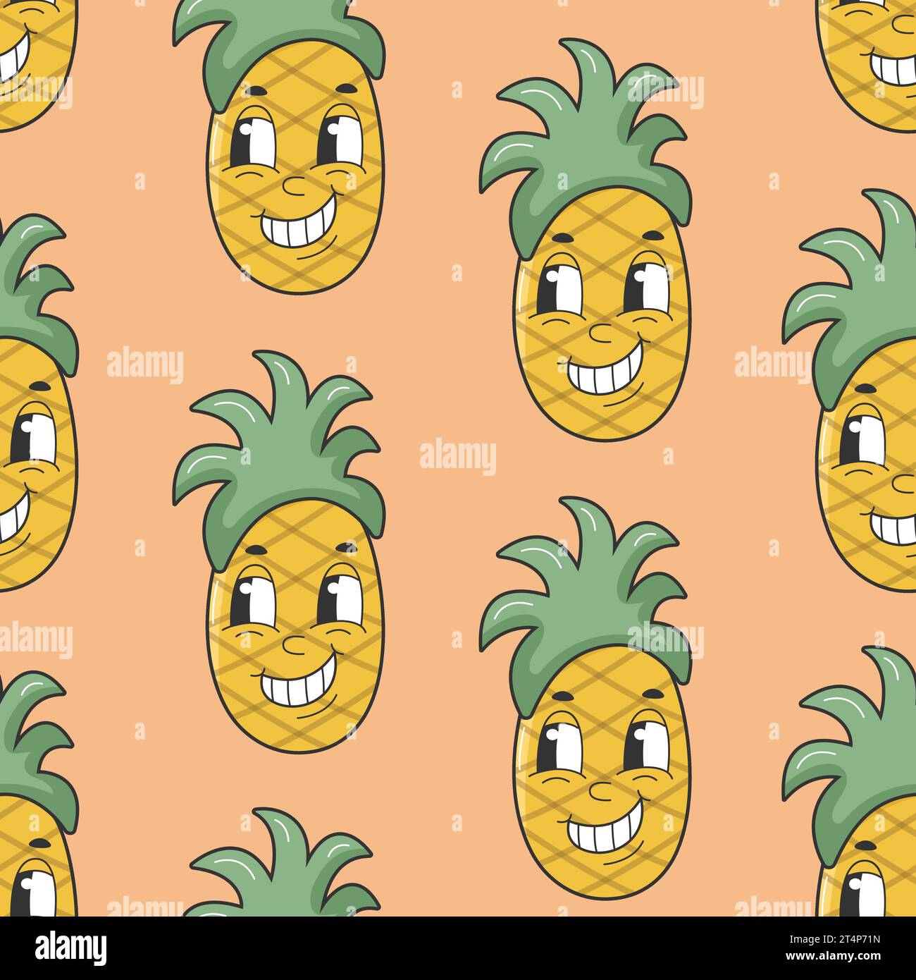 Stampa vettoriale estiva con ananas. Modello Retro Groovy Funny Fruit degli anni '90 con personaggio hippie di cartone animato. Personaggio comico di Pineapple con a. Illustrazione Vettoriale