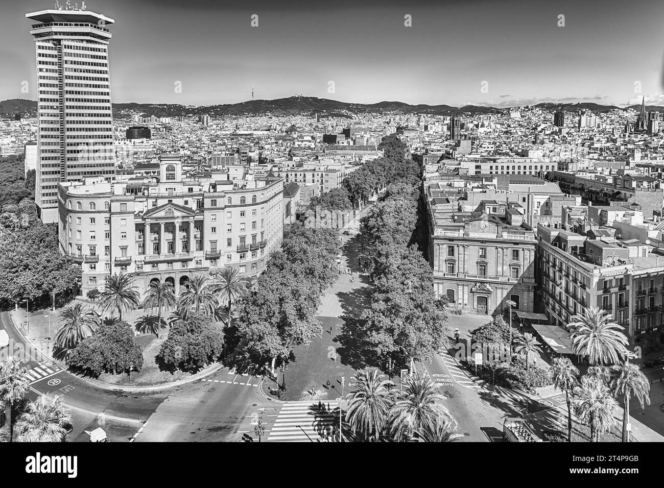 Vista aerea panoramica di la Rambla, centro commerciale pedonale alberato e popolare attrazione turistica di Barcellona, Catalogna, Spagna Foto Stock