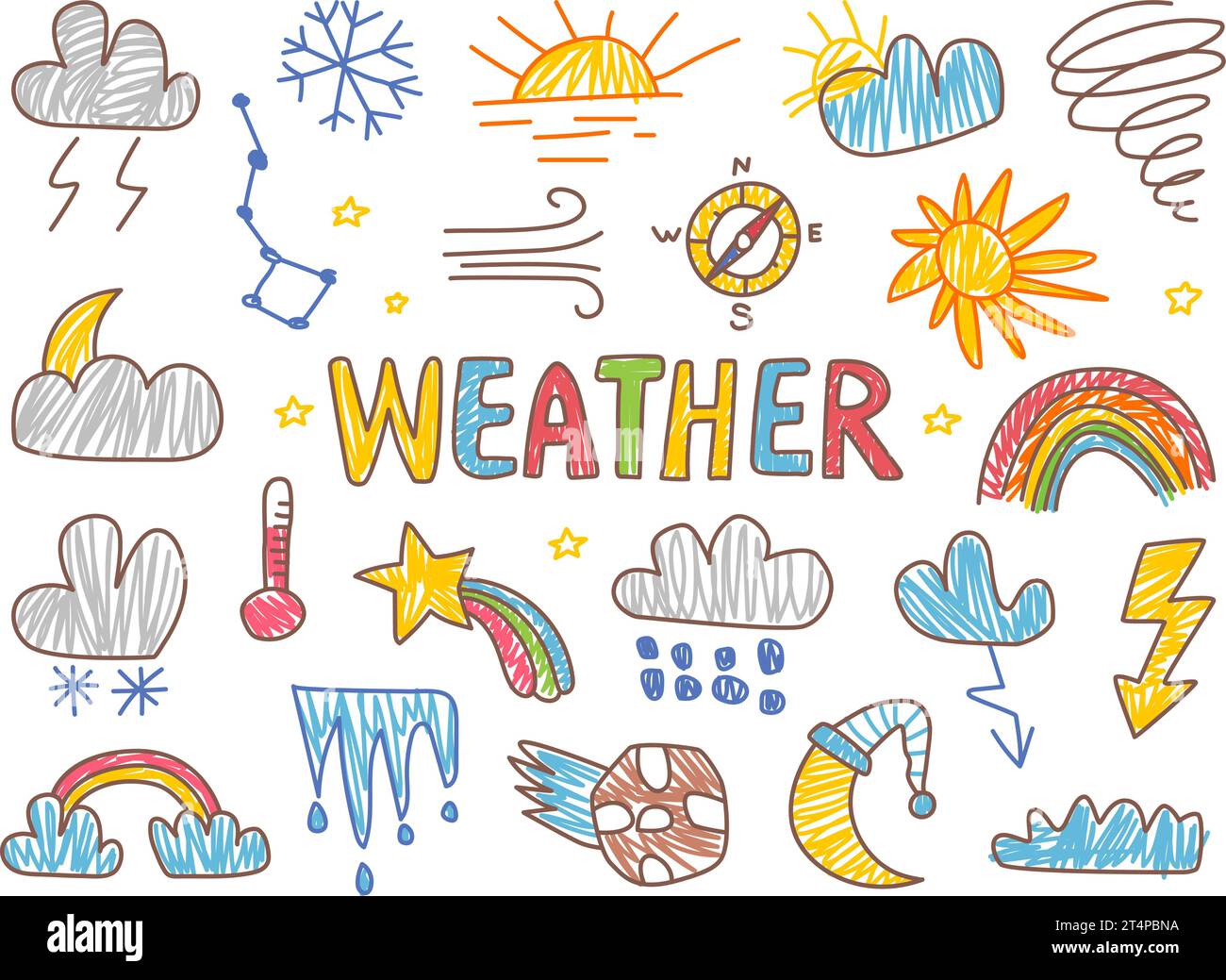 Bambini che disegnano elementi meteorologici. Nuvole e sole, vento e arcobaleno disegnano a matita colorata. Icone di previsione isolate per la raccolta di vettori di classe infantile Illustrazione Vettoriale