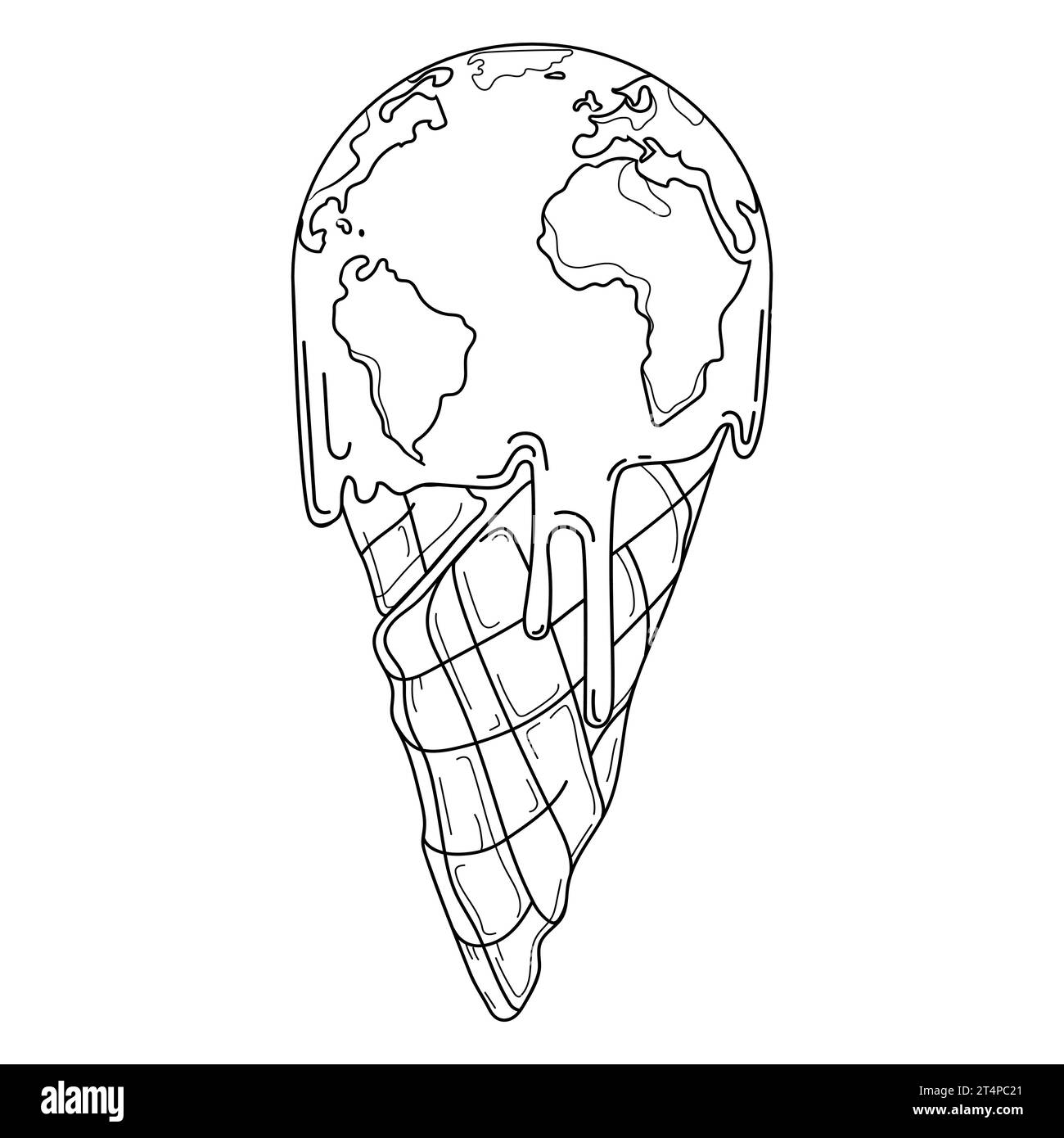 Cambiamento climatico e concetto di riscaldamento globale. Il pianeta Terra in un cono di waffle si sta sciogliendo come un gelato a causa del riscaldamento globale e dell'inquinamento atmosferico. Illustrazione Vettoriale